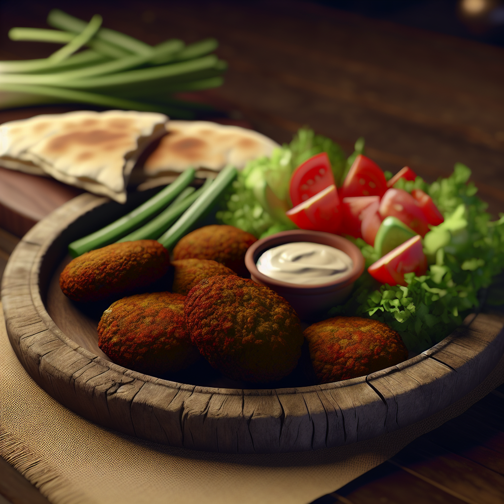 Freshly cooked falafel served with tahini sauce, pita bread and vibrant salad, showing texture and colour in natural lighting