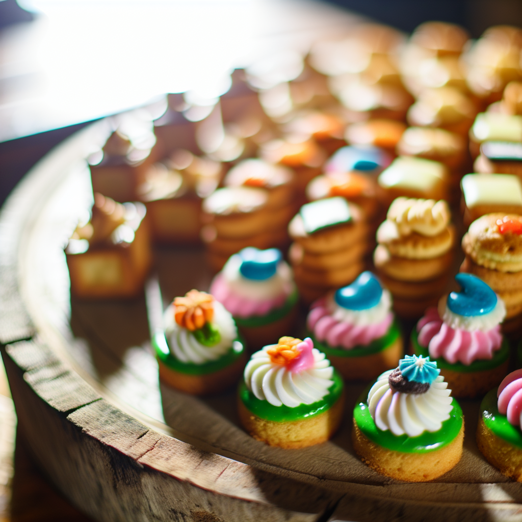 Assorted petit fours and biscuits on a wooden platter, showcasing intricate designs and vibrant colours.