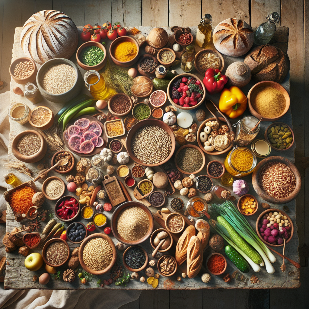 A vibrant spread of traditional cultural foods including spices, grains, and breads, arranged on a rustic wooden table with warm natural colours