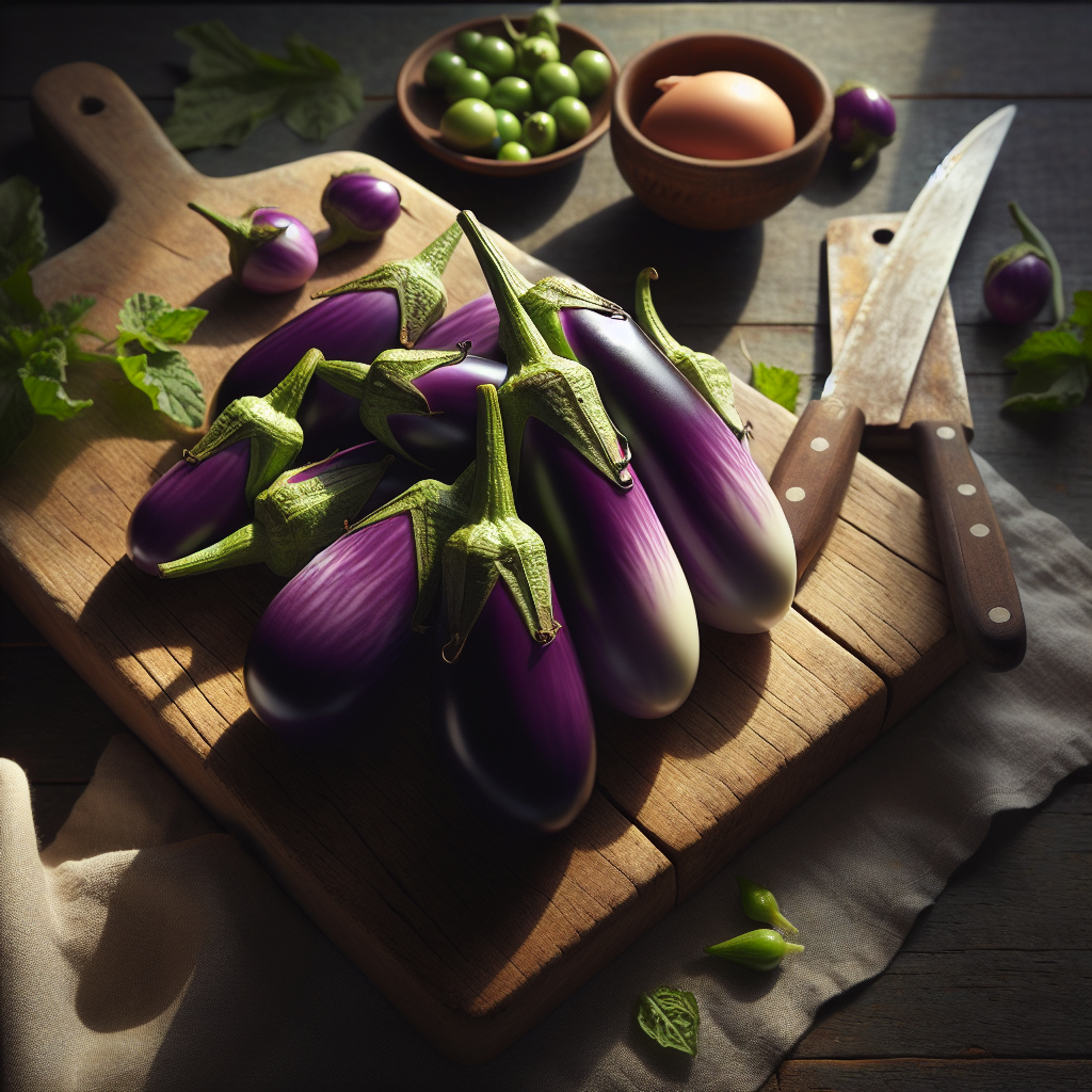 Fresh baby aubergines on a wooden counter with deep purple colour and glossy skin in natural light