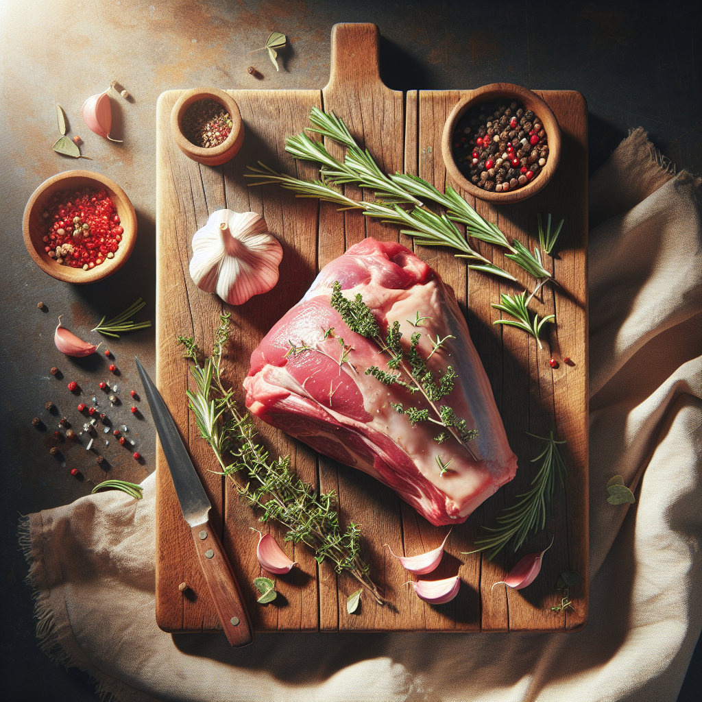 Raw halal lamb shoulder on a wooden board with herbs and spices in warm natural light, displaying rich colour and texture