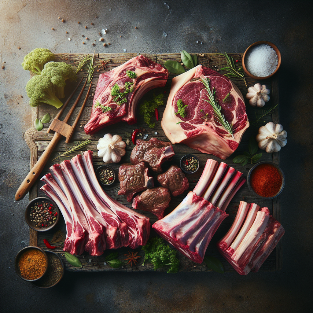 Raw halal ribs, chops and shanks arranged on a wooden board with herbs, showing vibrant colour and marbling