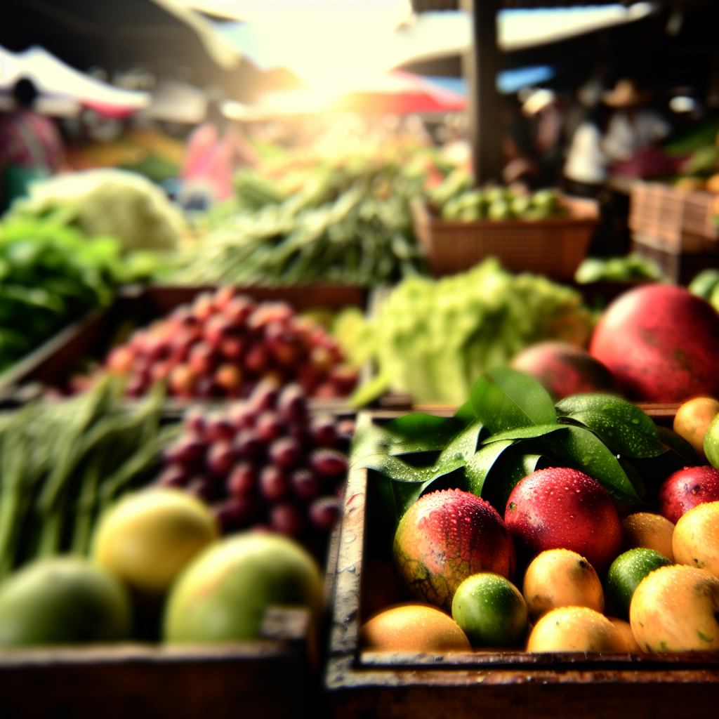 Market full of fresh produce boxes from fruits and vegetables