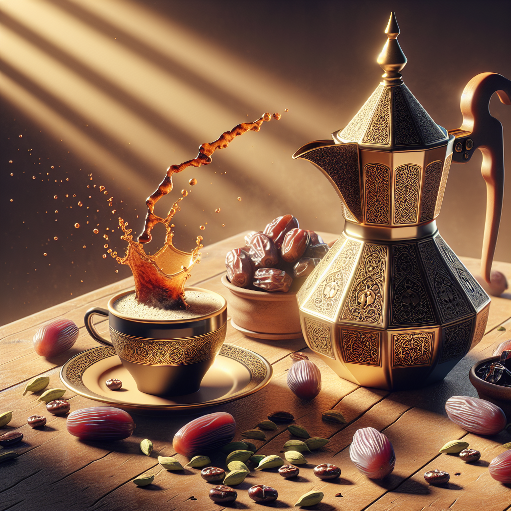 Traditional Arabic coffee served in a small cup with cardamom and dates on a wooden table in warm lighting