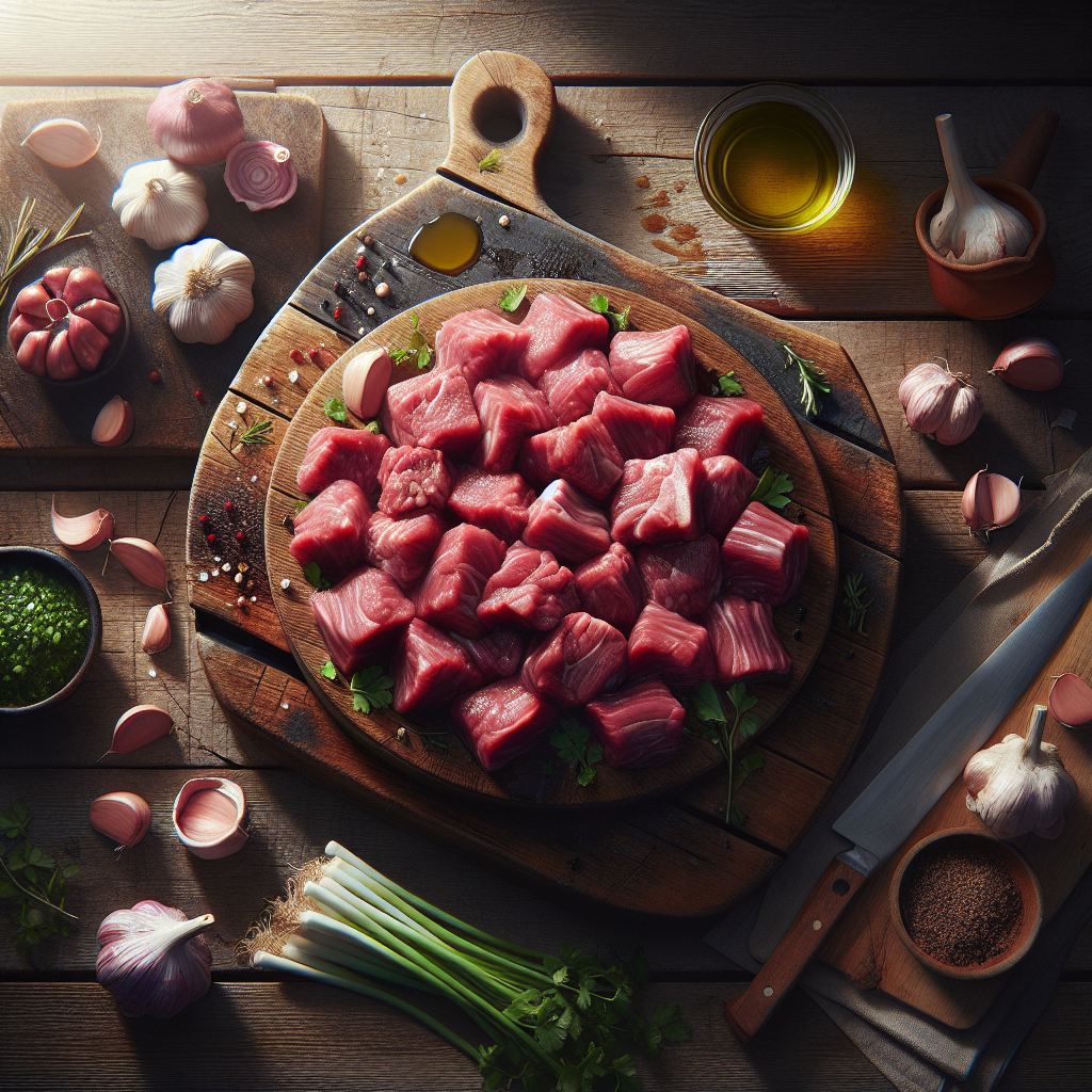 Raw halal boneless diced lamb on wooden board with herbs and garlic, showing fresh texture and rich red colour