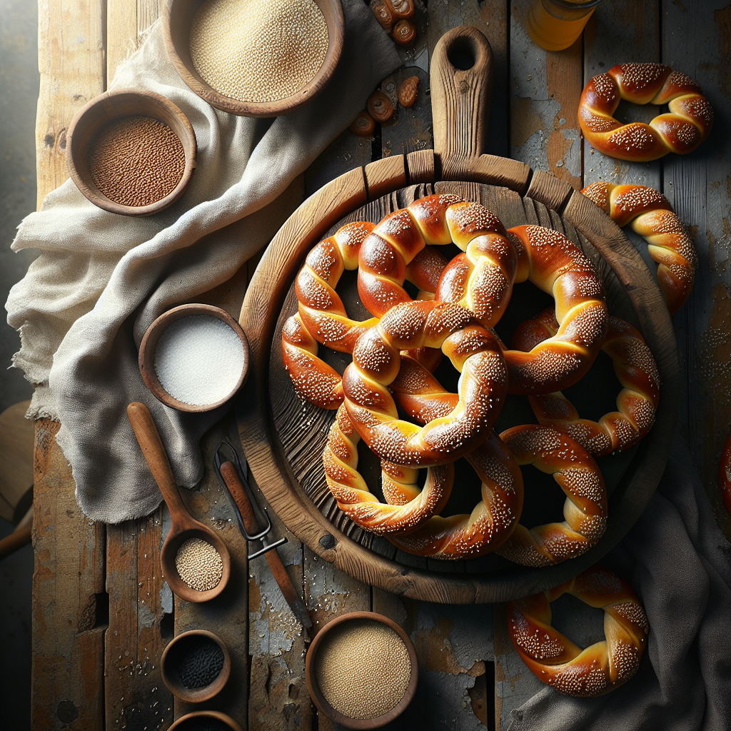 Golden-brown Kaak bread rings topped with sesame seeds on a rustic wooden surface