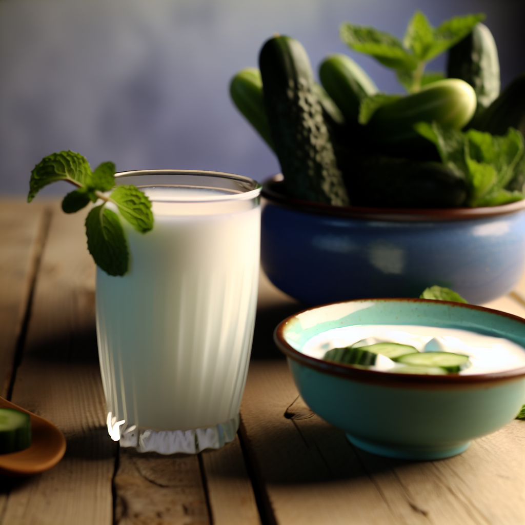 Chilled glass of traditional Turkish Ayran with yoghurt, mint, and cucumber on a rustic wooden table