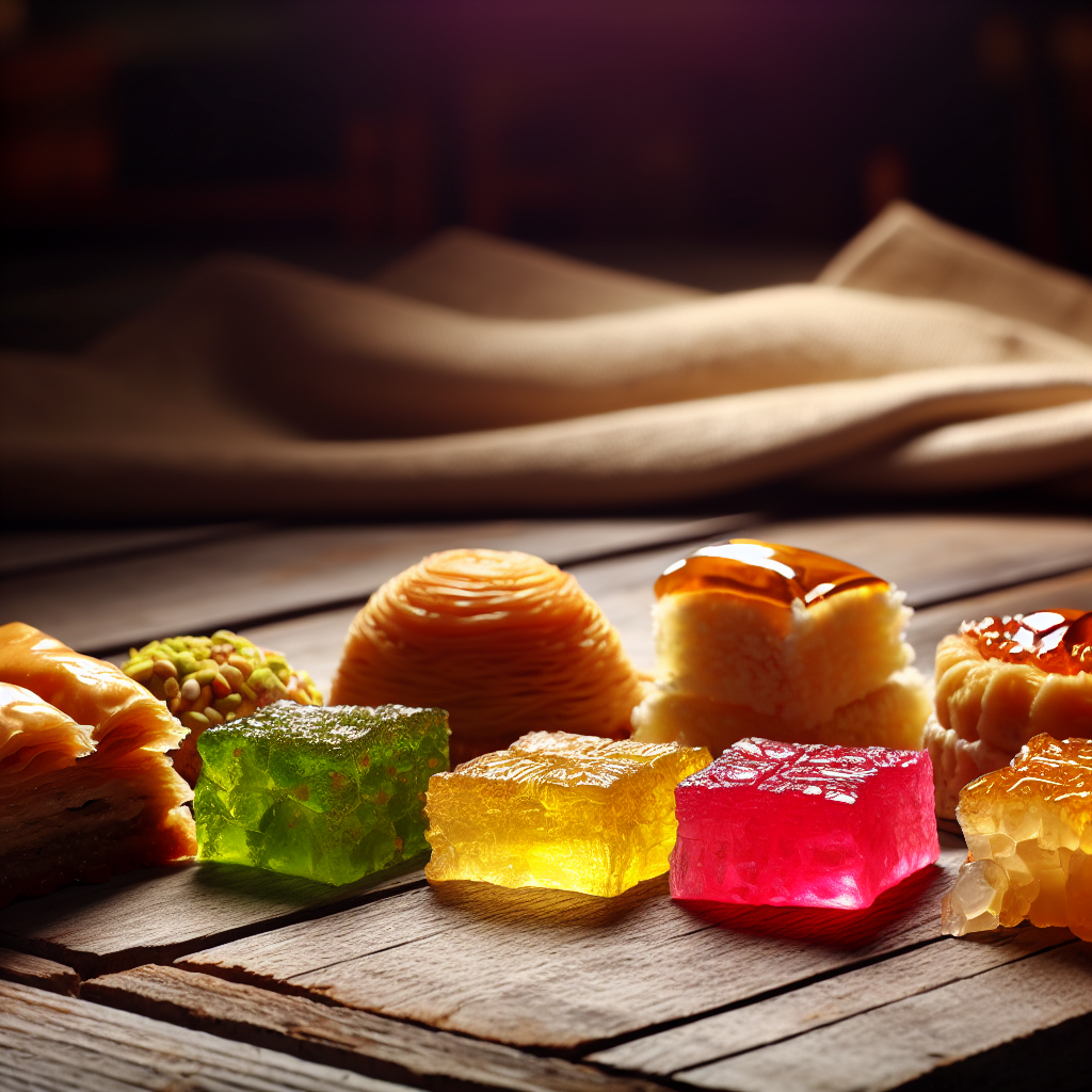 A vibrant spread of Turkish desserts including baklava and Turkish delight, showcasing rich colours and textures on a rustic table