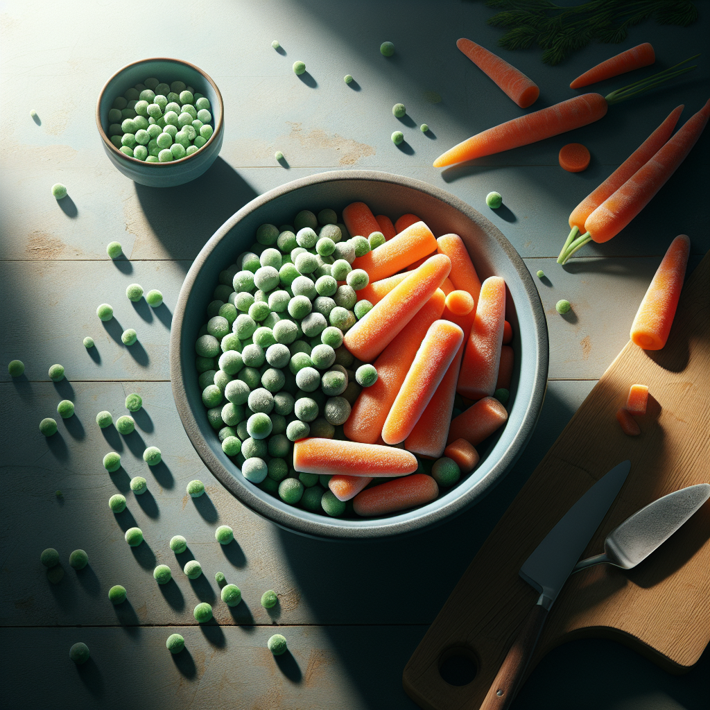 Frozen peas and carrots in a white ceramic bowl showing natural colours and texture under soft kitchen lighting