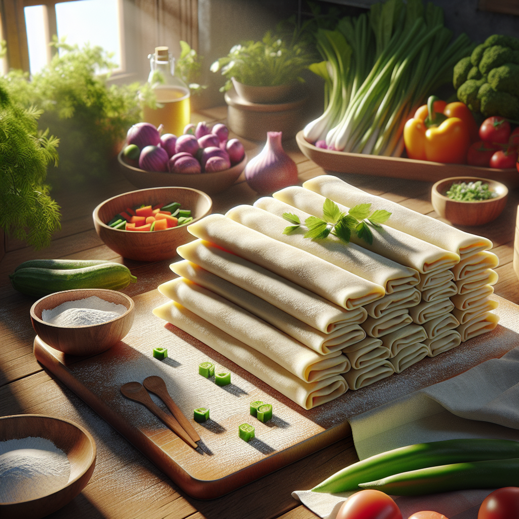 Stack of uncooked spring roll pastry sheets on a floured surface with fresh vegetables for flavourful fillings