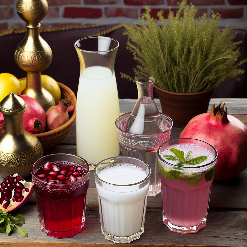A colourful array of traditional Middle Eastern drinks served in ornate glasses with fresh herbs and fruit garnishes