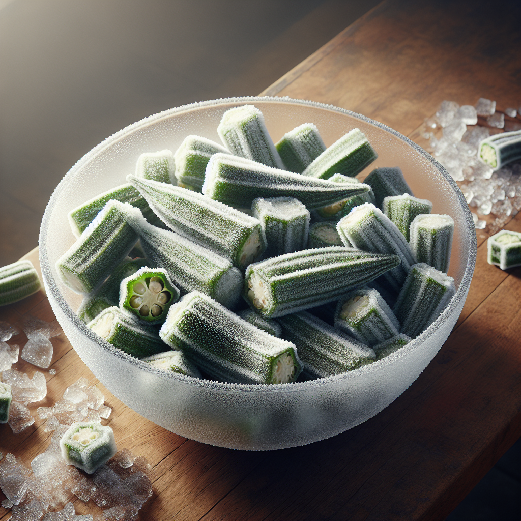 Frozen okra pieces in a glass bowl with visible frost and vibrant green colour on a wooden surface