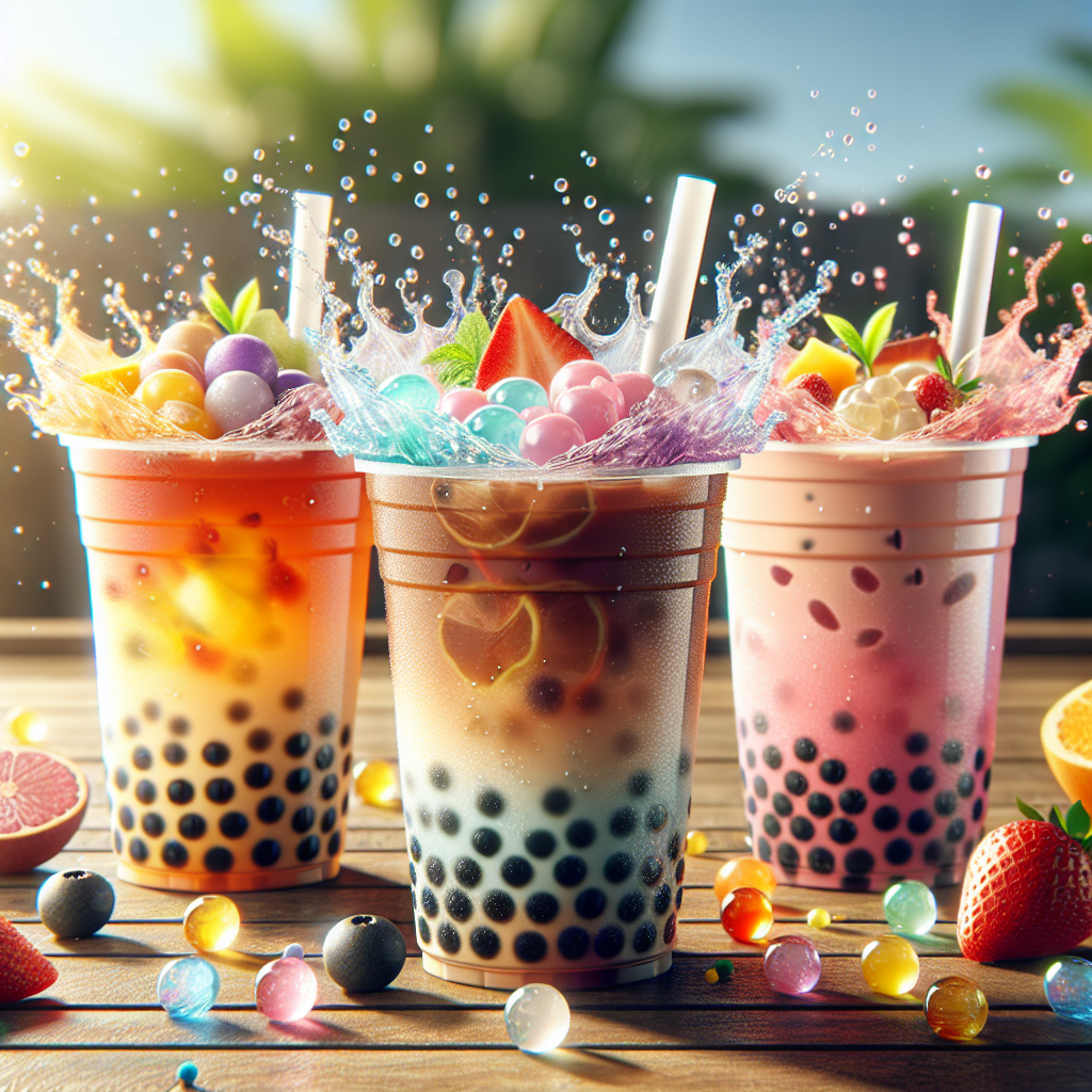 Colourful iced and bubble teas served in clear cups with fruit slices and tapioca pearls on a wooden outdoor table