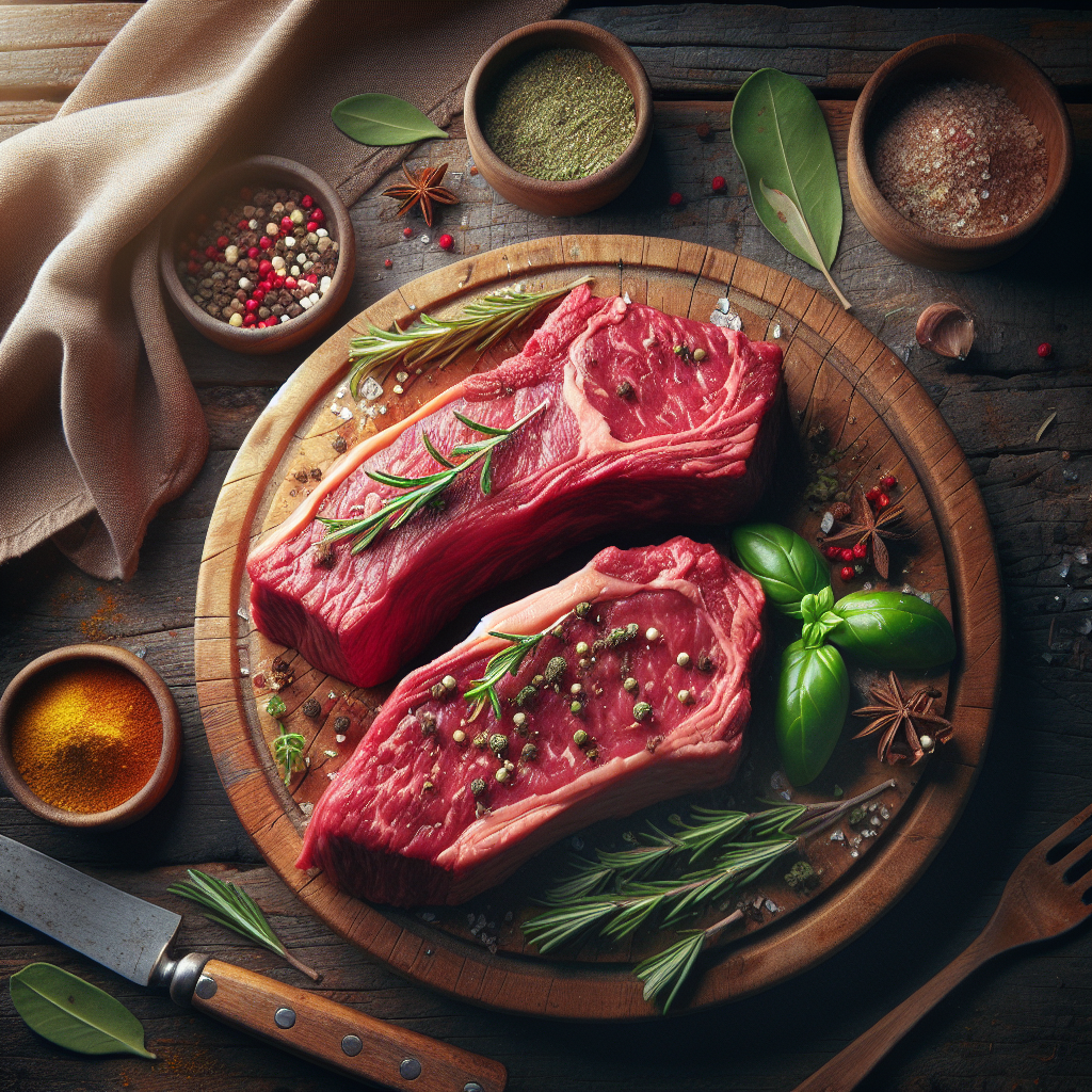 Raw halal beef sirloin steaks with rich marbling displayed on a wooden board with herbs for added flavour and colour