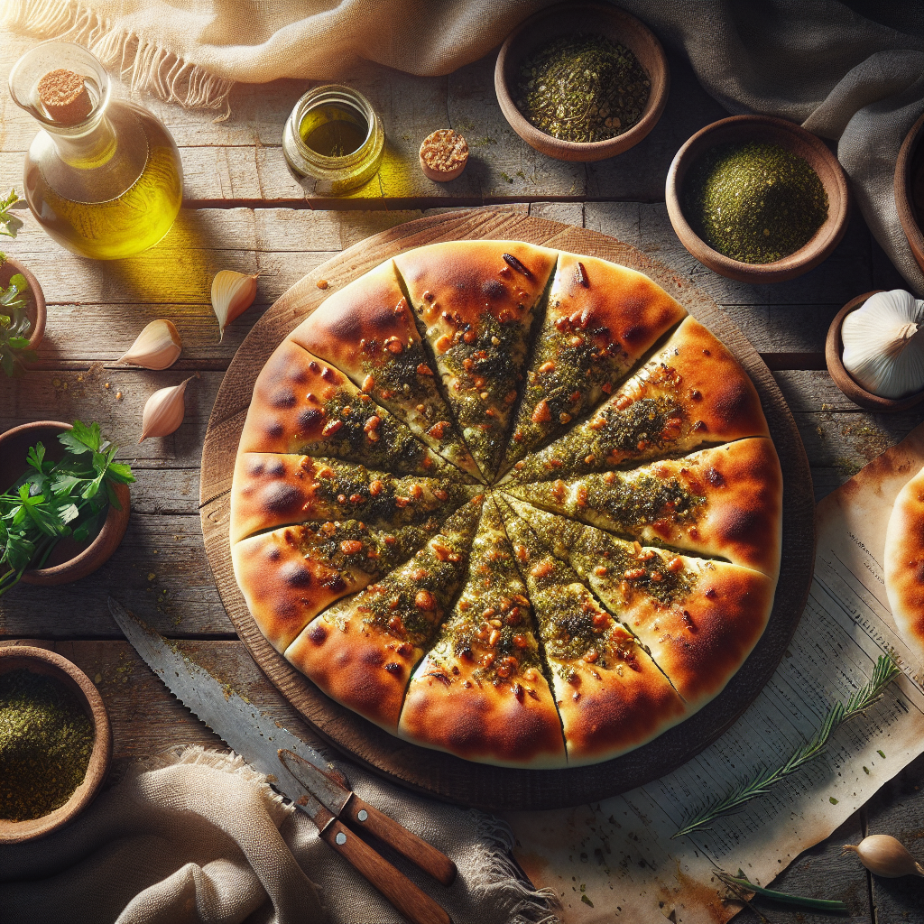Freshly baked Manakish zaatar with golden crust and herby zaatar topping on rustic wooden table beside olive oil and fresh herbs