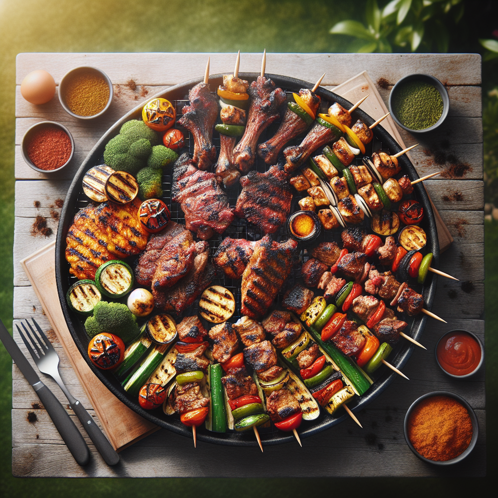 Mixed halal BBQ platter with grilled chicken, lamb chops, and vegetables on a charcoal grill in a garden setting