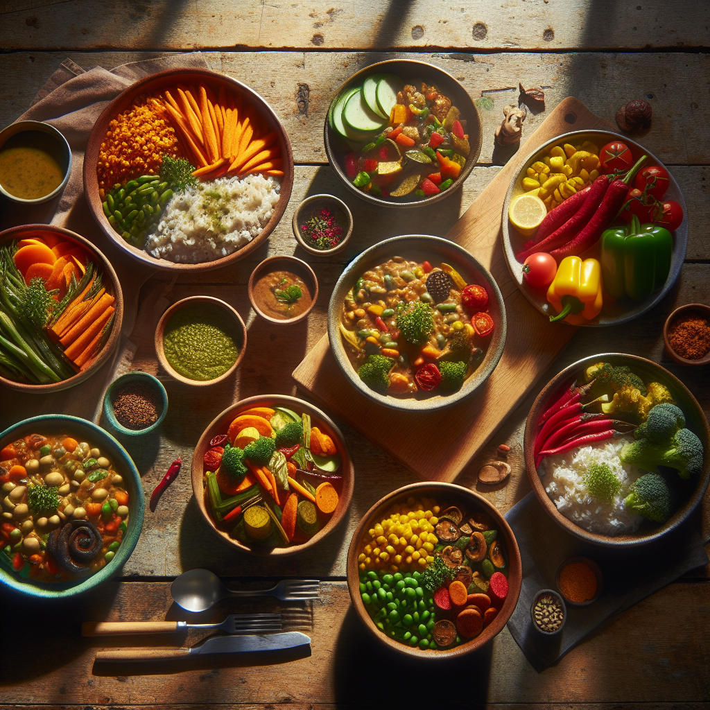 A vibrant selection of vegetarian and vegan ready meals with rich colours and textures, including curries, stir-fries, and grains