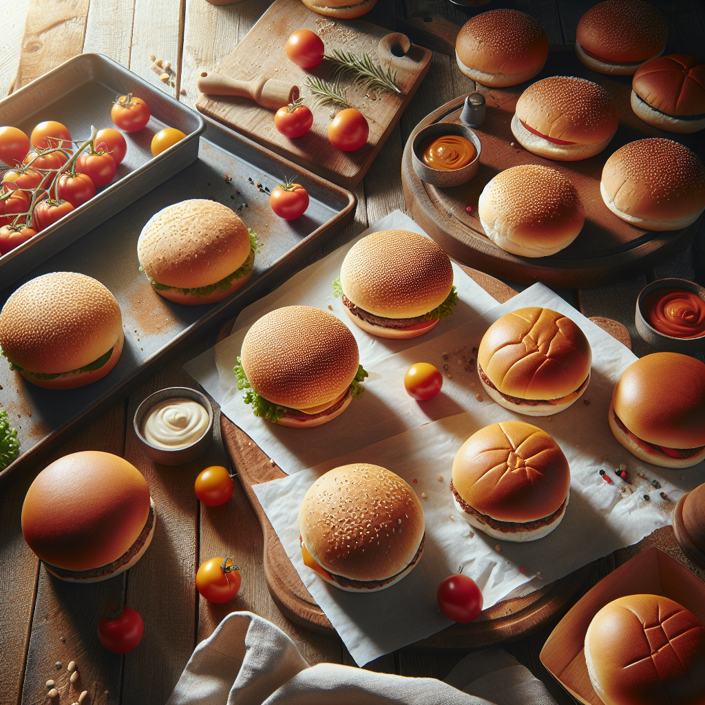 Golden brown burger buns with soft texture on a rustic wooden surface, showcasing colour and crust quality in natural light