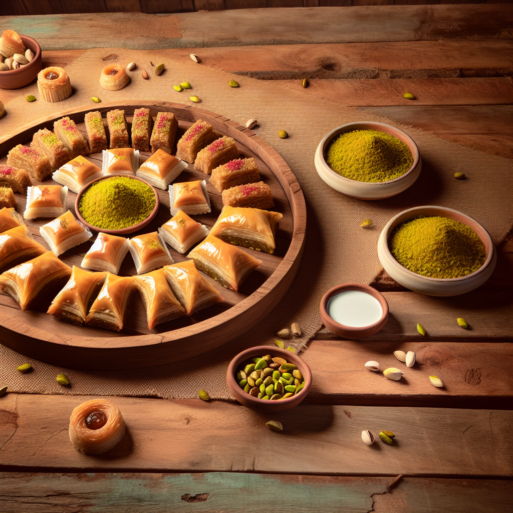 A variety of Middle Eastern desserts like baklava and basbousa arranged on a rustic wooden table with rich colour and texture
