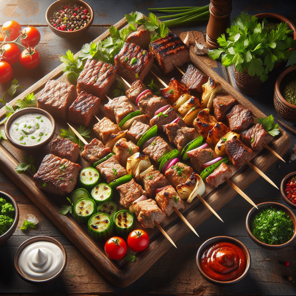 Grilled halal meat cubes and kebabs on a wooden board with herbs and dipping sauces, showcasing vibrant colours and rich flavour