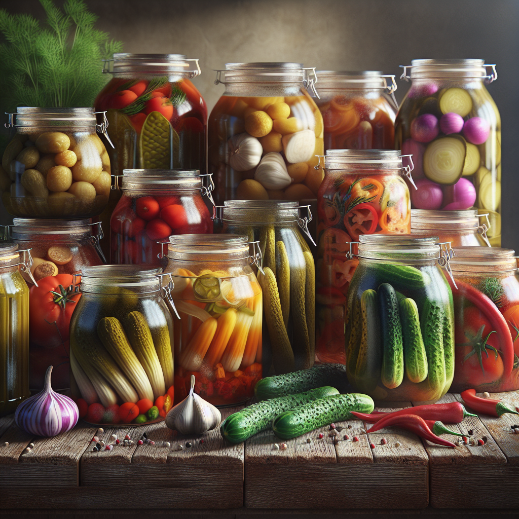 A rustic arrangement of British-style pickled vegetables in glass jars, showcasing vibrant colours and natural textures on a wooden surface