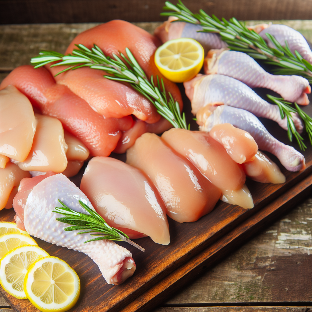 Halal Poultry cuts including chicken drums, chicken breasts on a wooden cut board