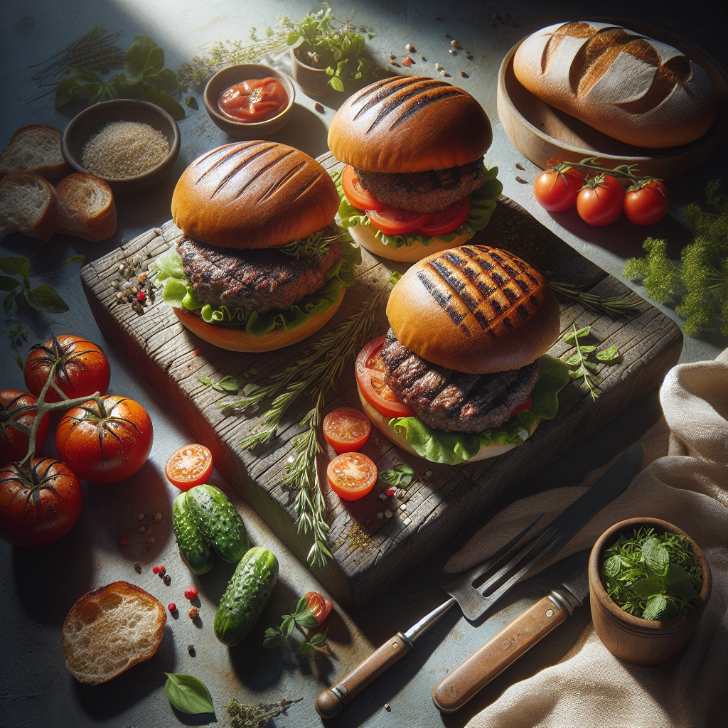Juicy halal beef burgers with golden crust served on a wooden board, surrounded by fresh toppings and colourful herbs