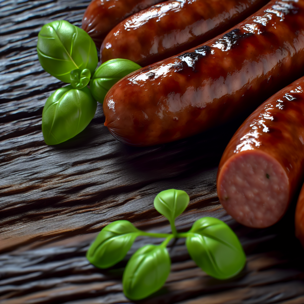 Halal sausages on a wooden surface