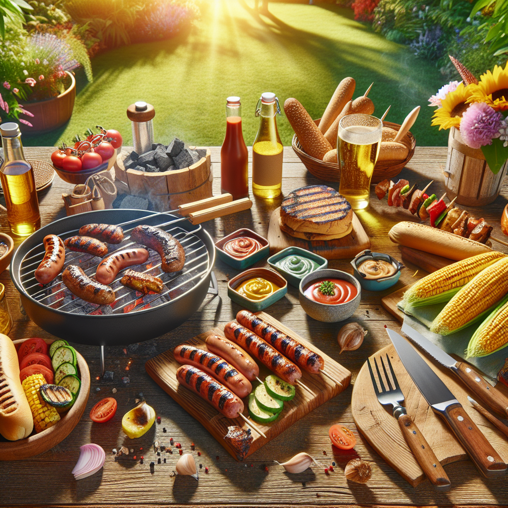BBQ groceries and accessories on an outdoor table, including sausages, skewers, condiments, and tools in a sunny UK garden setting