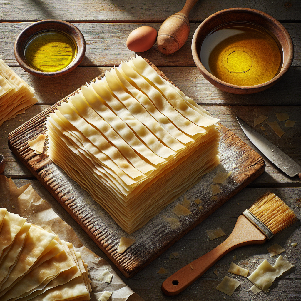 Flaky golden-brown sheets of fillo pastry arranged on a wooden board with olive oil and pastry brush nearby