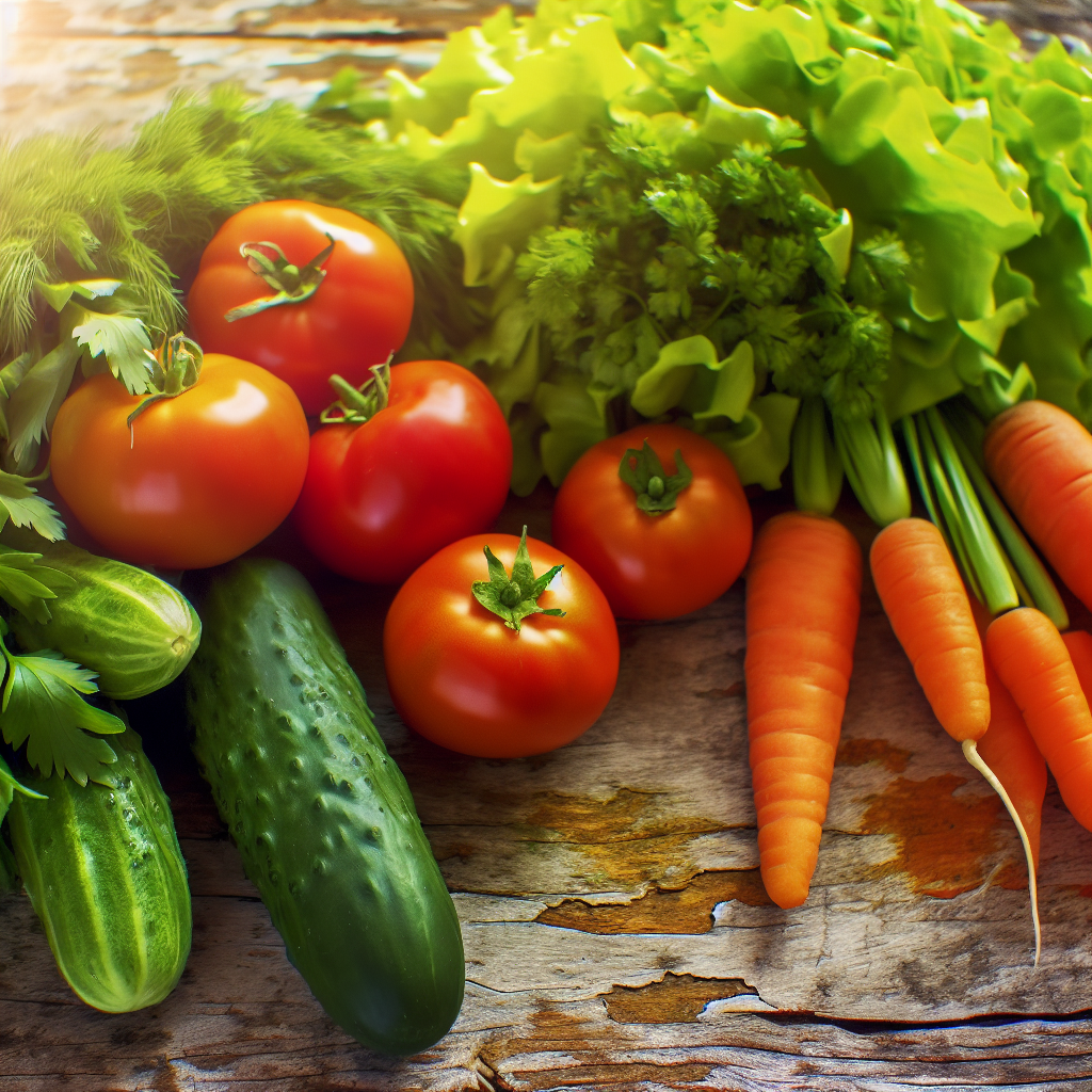 A collection of different fresh vegetables  including carrots, greens , tomatoes, cucumbers  on a wooden table