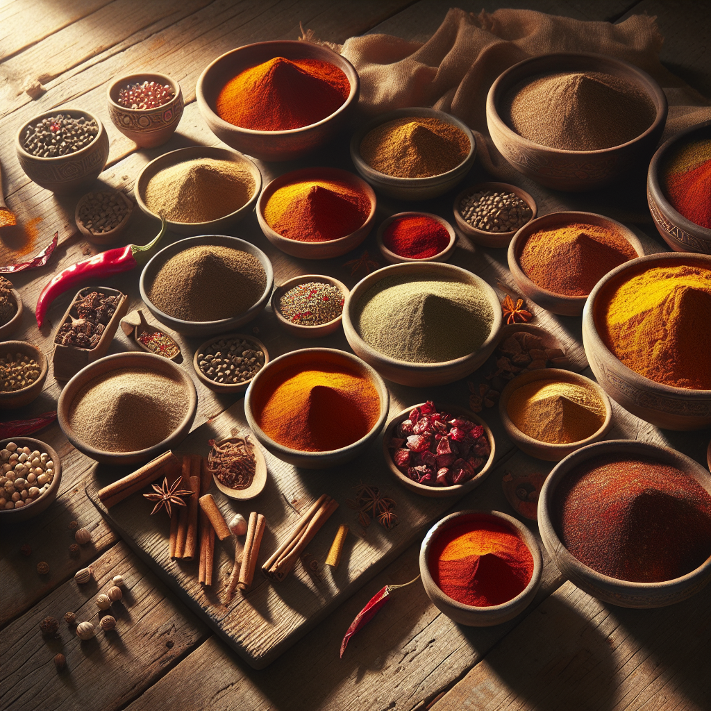 Assorted Middle Eastern spices displayed in bowls on a wooden surface, showcasing vibrant colours and textures