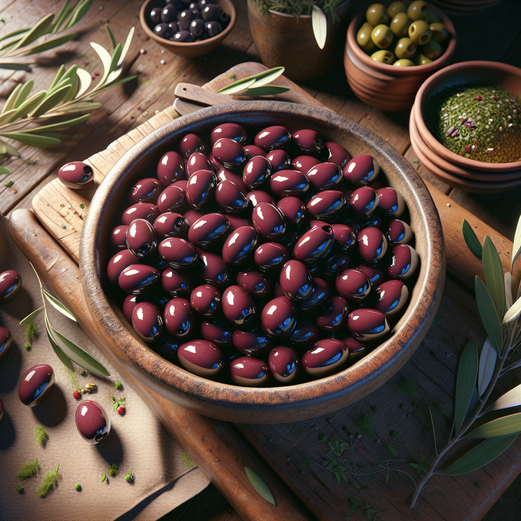 Glossy Kalamata olives in a rustic bowl with olive branches, showcasing rich colour and Mediterranean flavour