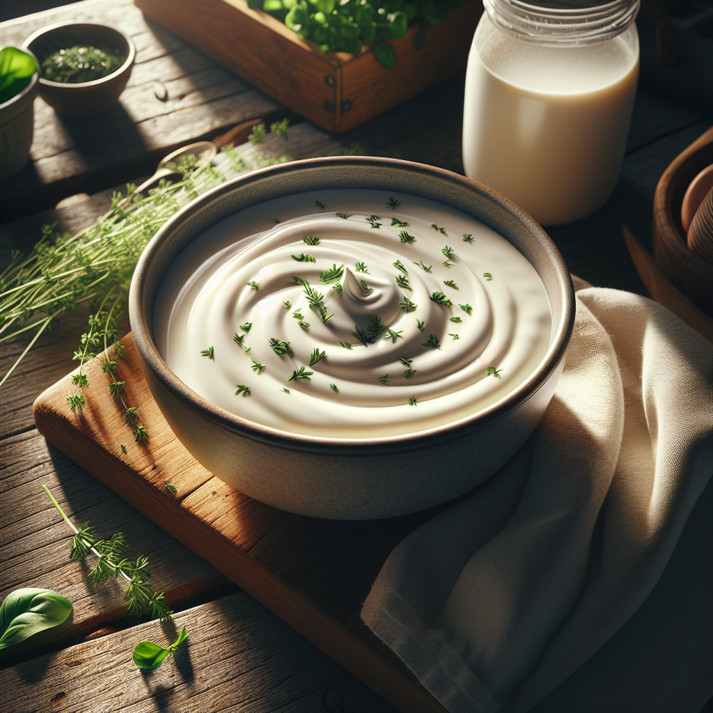Creamy Puck cream in a bowl on a rustic wooden counter with natural lighting and herbs for garnish