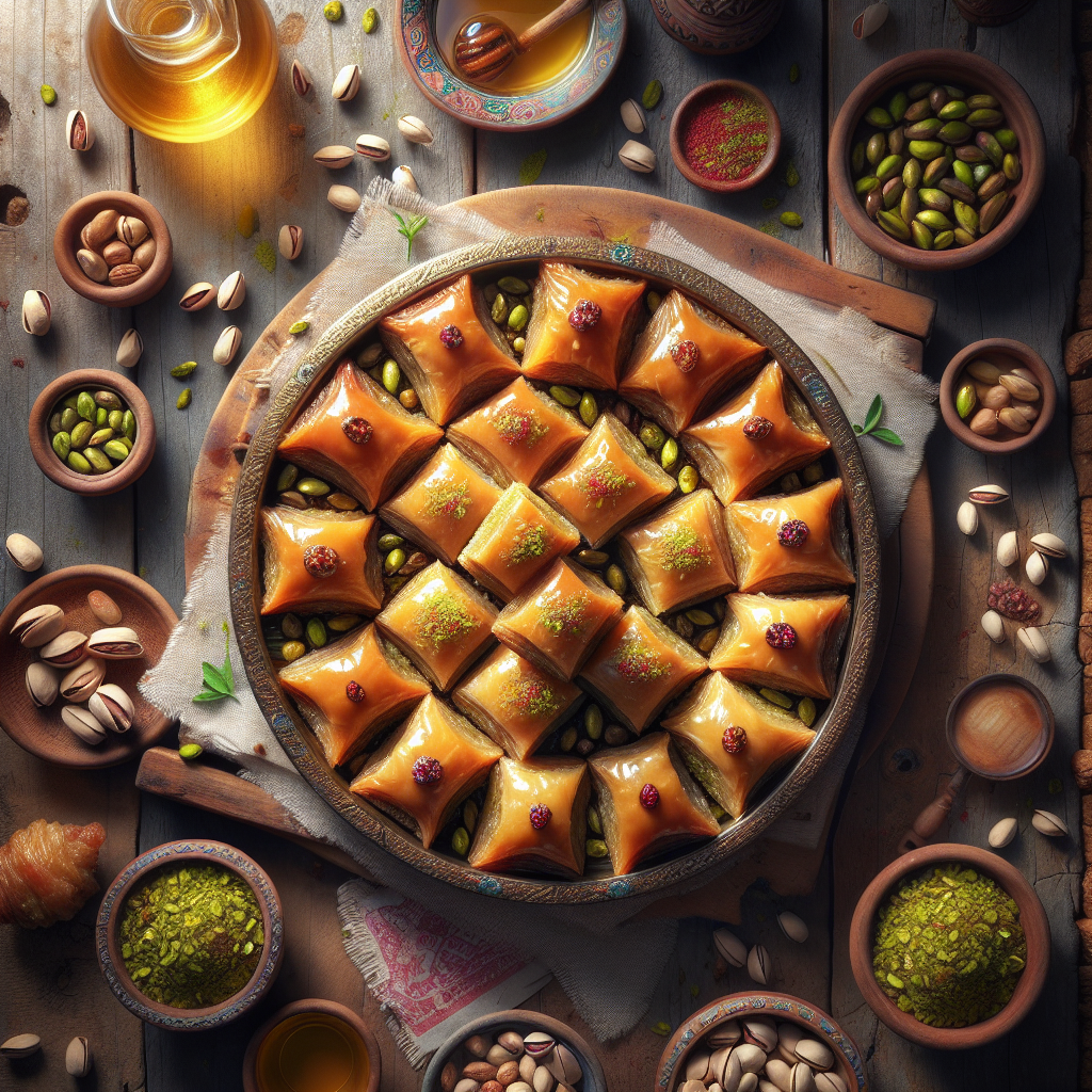Assorted golden brown baklawa pastries with crushed pistachios and honey glaze on a rustic wooden table