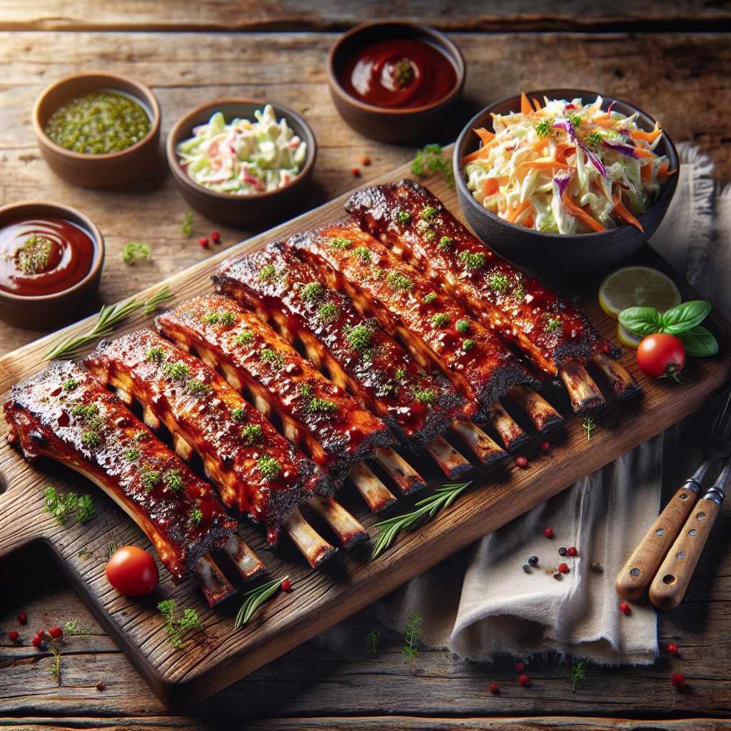 Juicy BBQ ribs with rich glaze, fresh herbs and coleslaw, showcasing texture, colour and smoky flavour