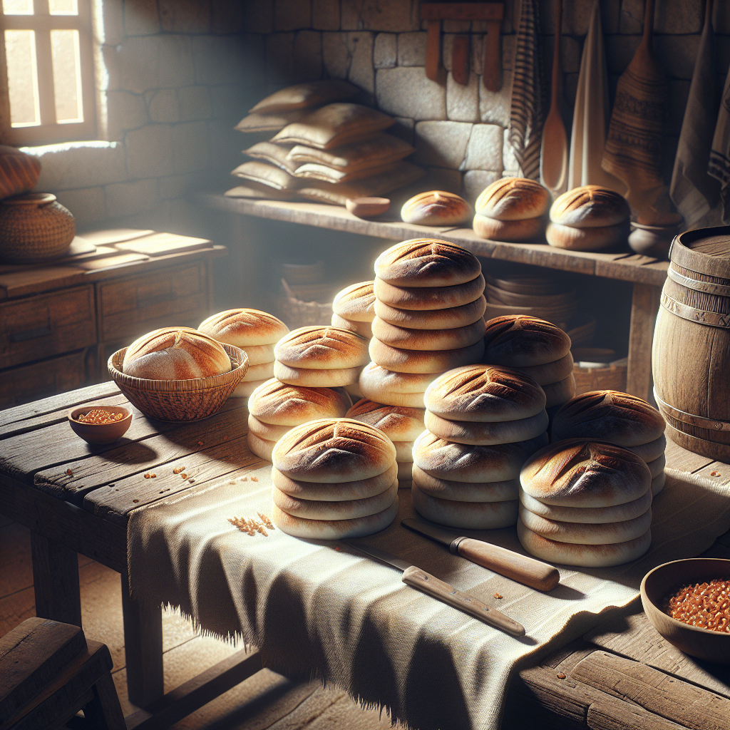 Freshly baked Lebanese bread stacked on a rustic wooden surface with warm lighting and golden-brown colour