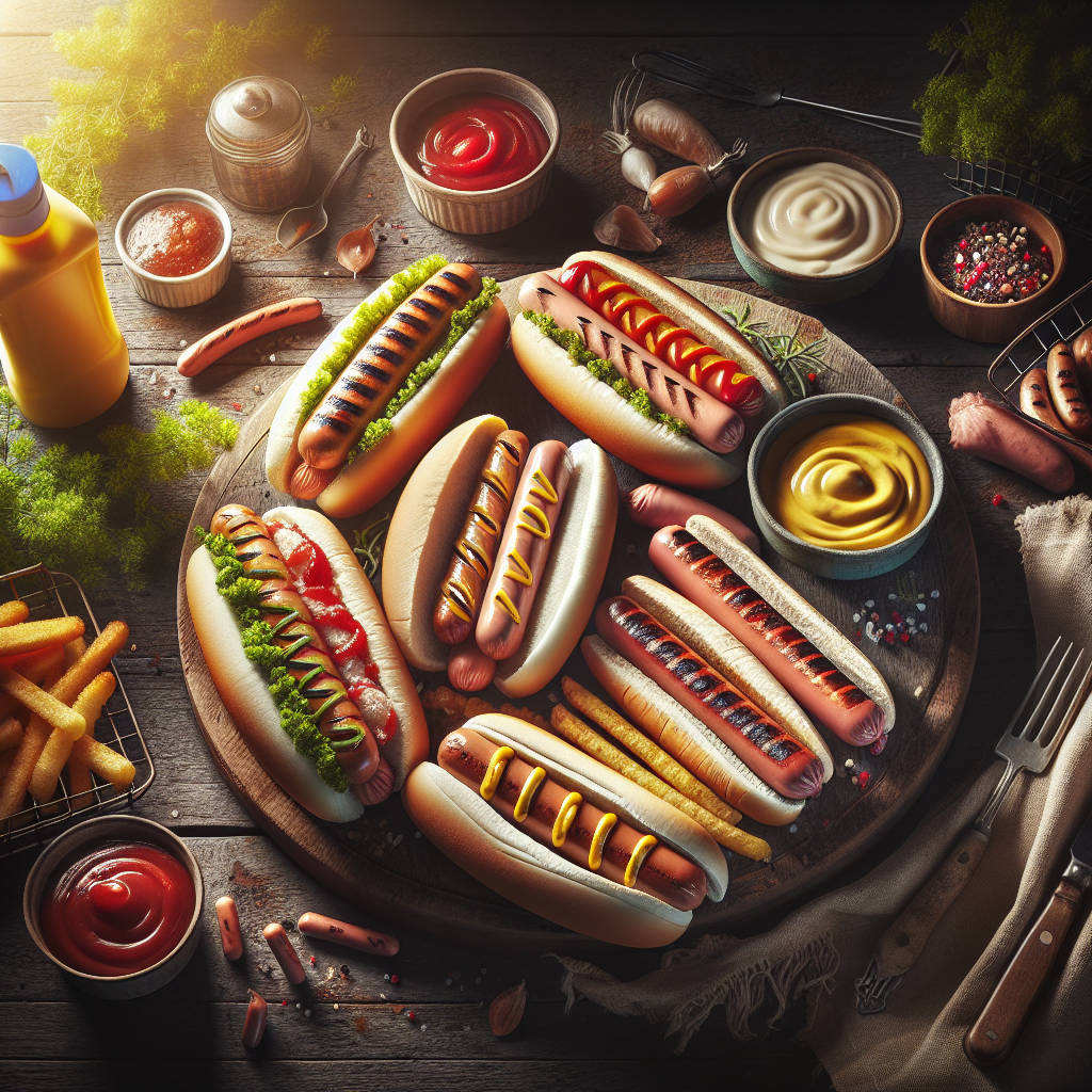 Grilled halal hot dogs and frankfurters with condiments on a wooden board in a rustic kitchen setting