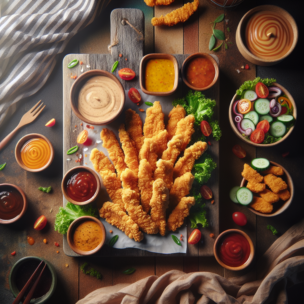 Golden halal chicken strips served with dipping sauces and a fresh salad on a rustic wooden board
