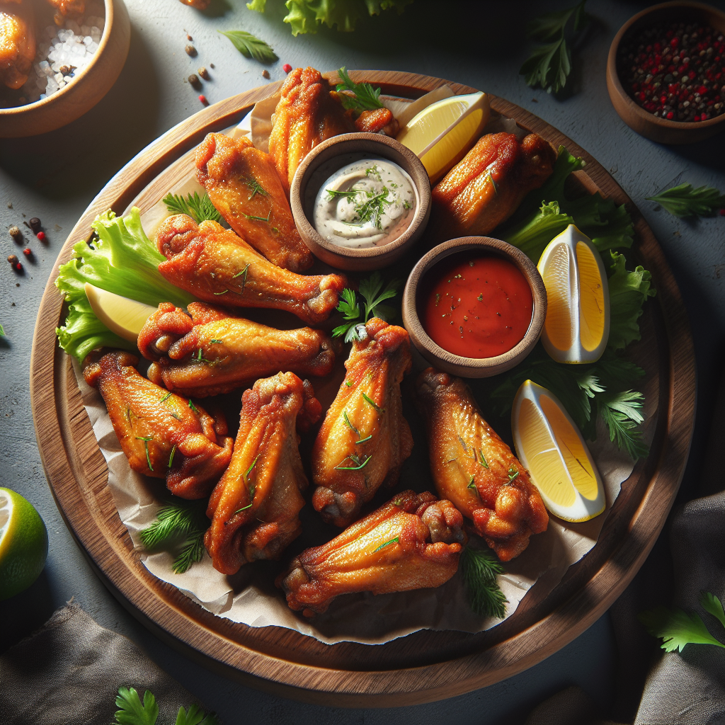 Crispy halal chicken wings with golden skins, served on a wooden board with herbs and a trio of dipping sauces for rich flavour