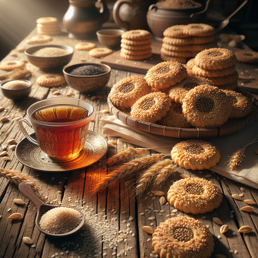 Golden-brown sesame cookies on a wooden table with visible seeds and a warm, inviting colour tone