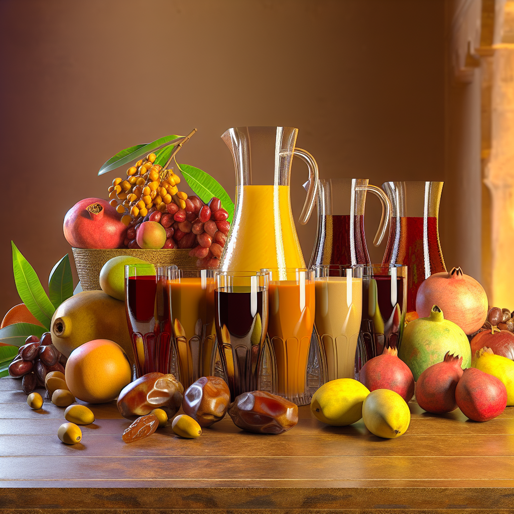 Selection of Egyptian fruit juices with rich natural colours, surrounded by fresh fruits like mangoes, dates, and pomegranates