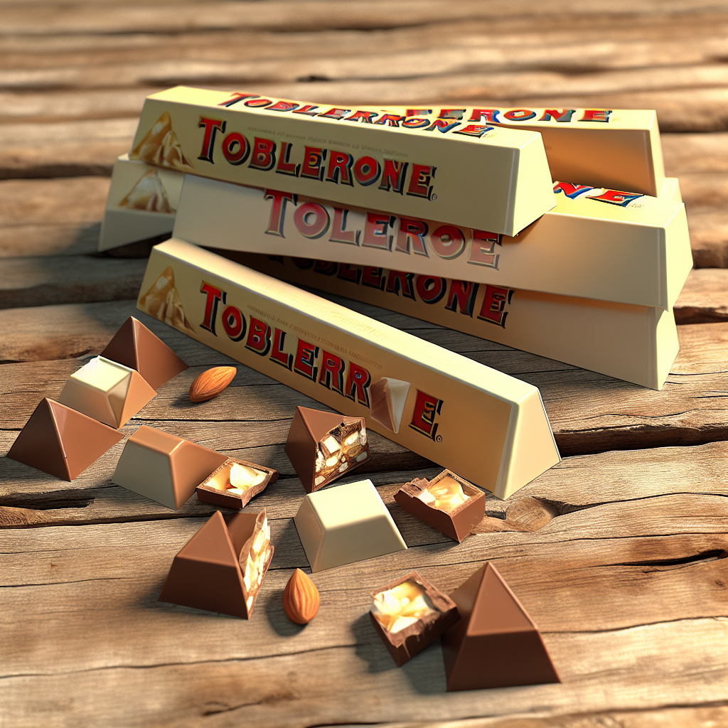 Toblerone chocolate bars broken into triangle pieces showing rich chocolate, nougat and almonds with warm natural lighting