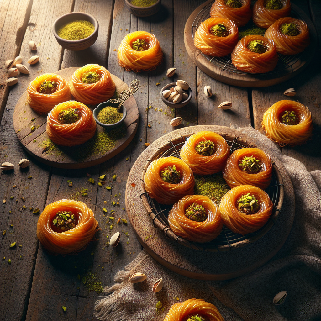 Golden kunafa pastry nests topped with pistachios and syrup, showing crisp texture and rich colour on a wooden table