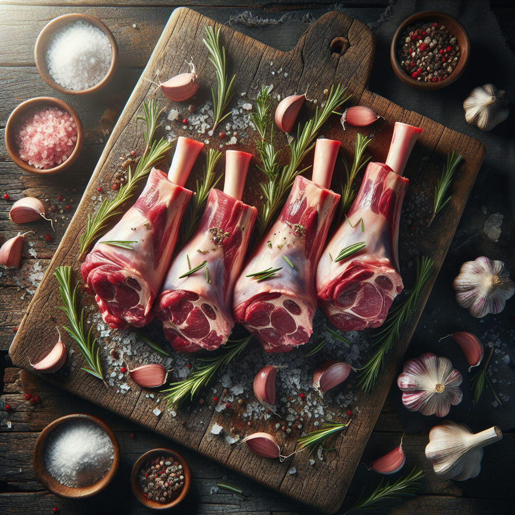 Raw halal lamb shanks on a wooden board with rosemary and garlic, showcasing rich red meat and marbling in natural light