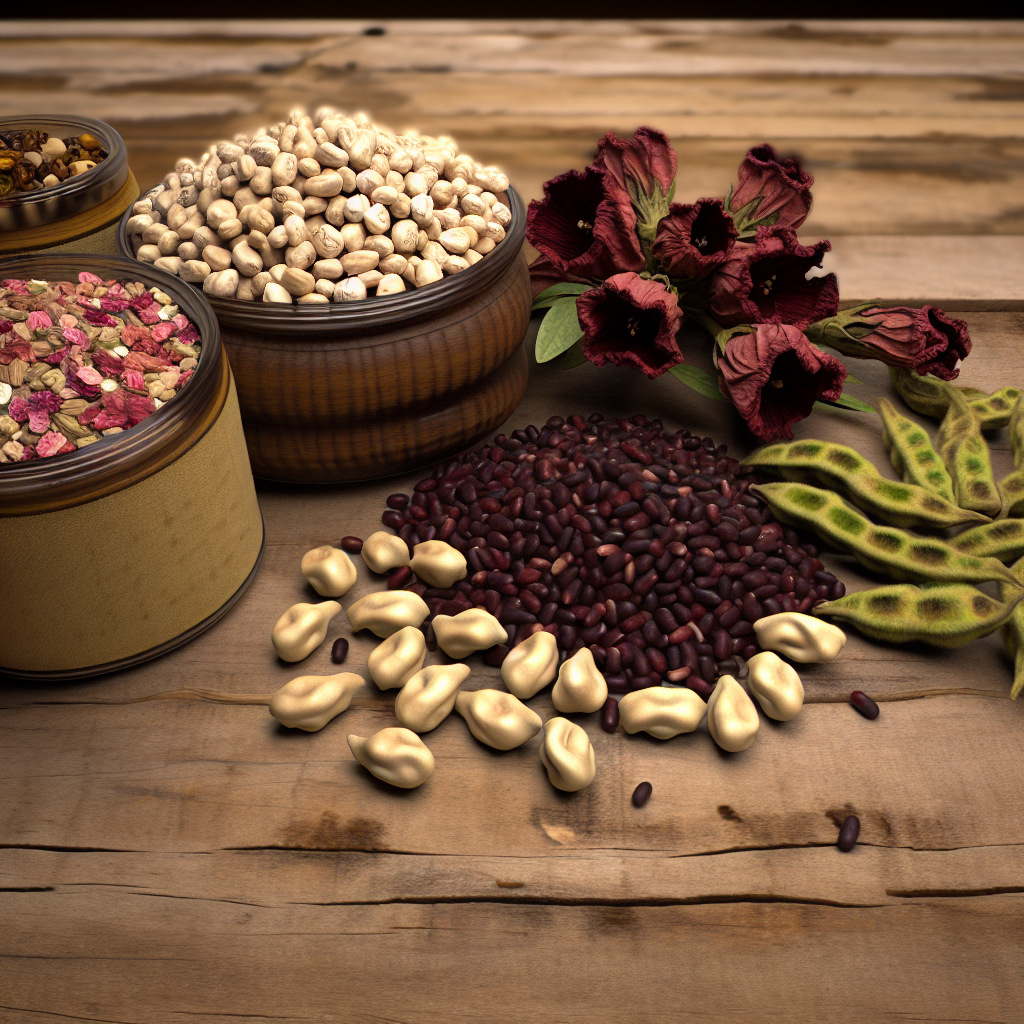 Assorted Egyptian grocery items including fava beans, dried hibiscus, rice and spices arranged on a rustic wooden counter