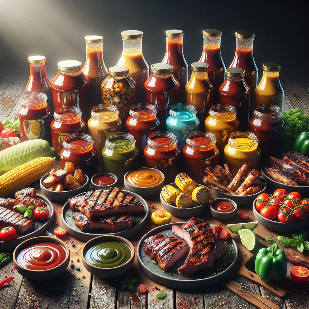 Selection of BBQ sauces in jars and bowls on rustic wooden surface, surrounded by grilled meats and vegetables in warm, natural light