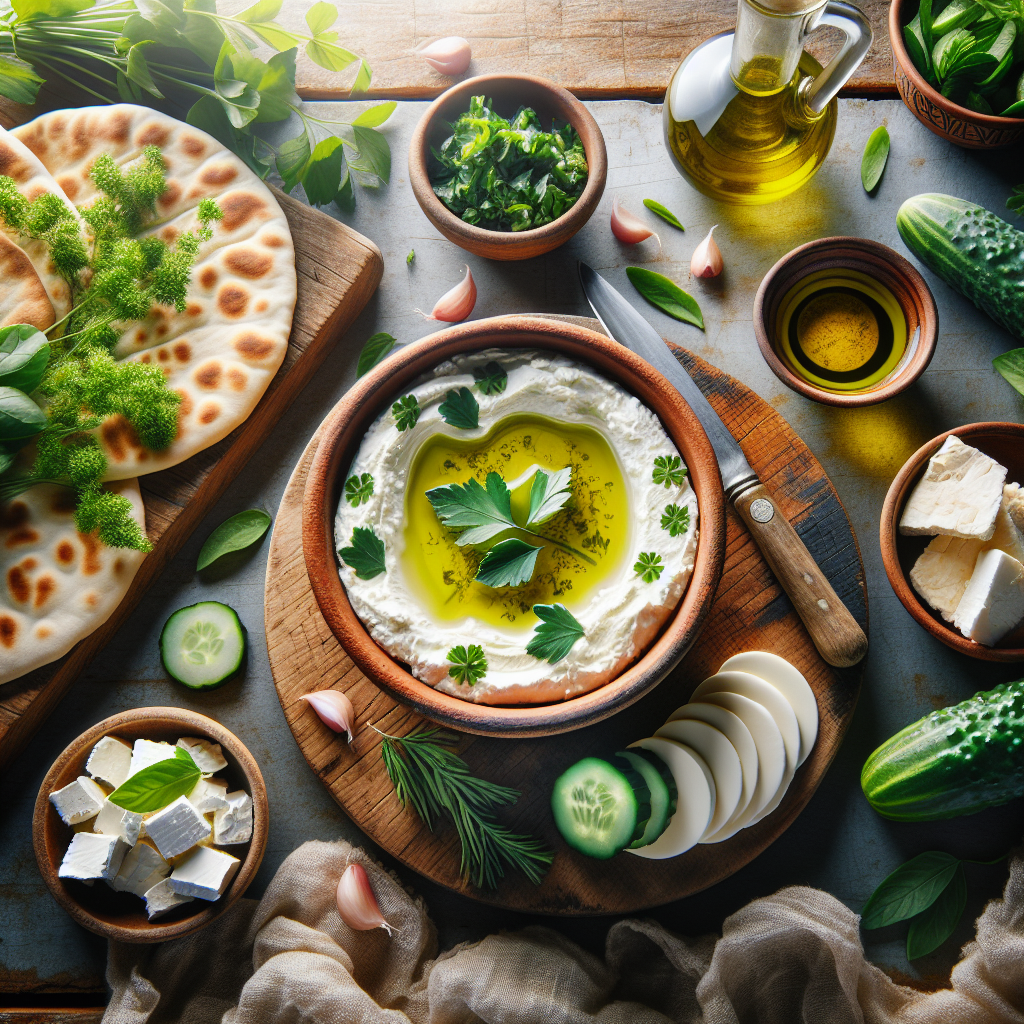Creamy Labneh in a ceramic bowl drizzled with olive oil, served with herbs, flatbread, and sliced vegetables on a rustic wooden table
