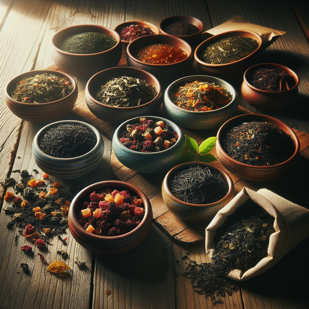 Selection of loose leaf and bagged tea with varied colour and texture on a rustic wooden surface
