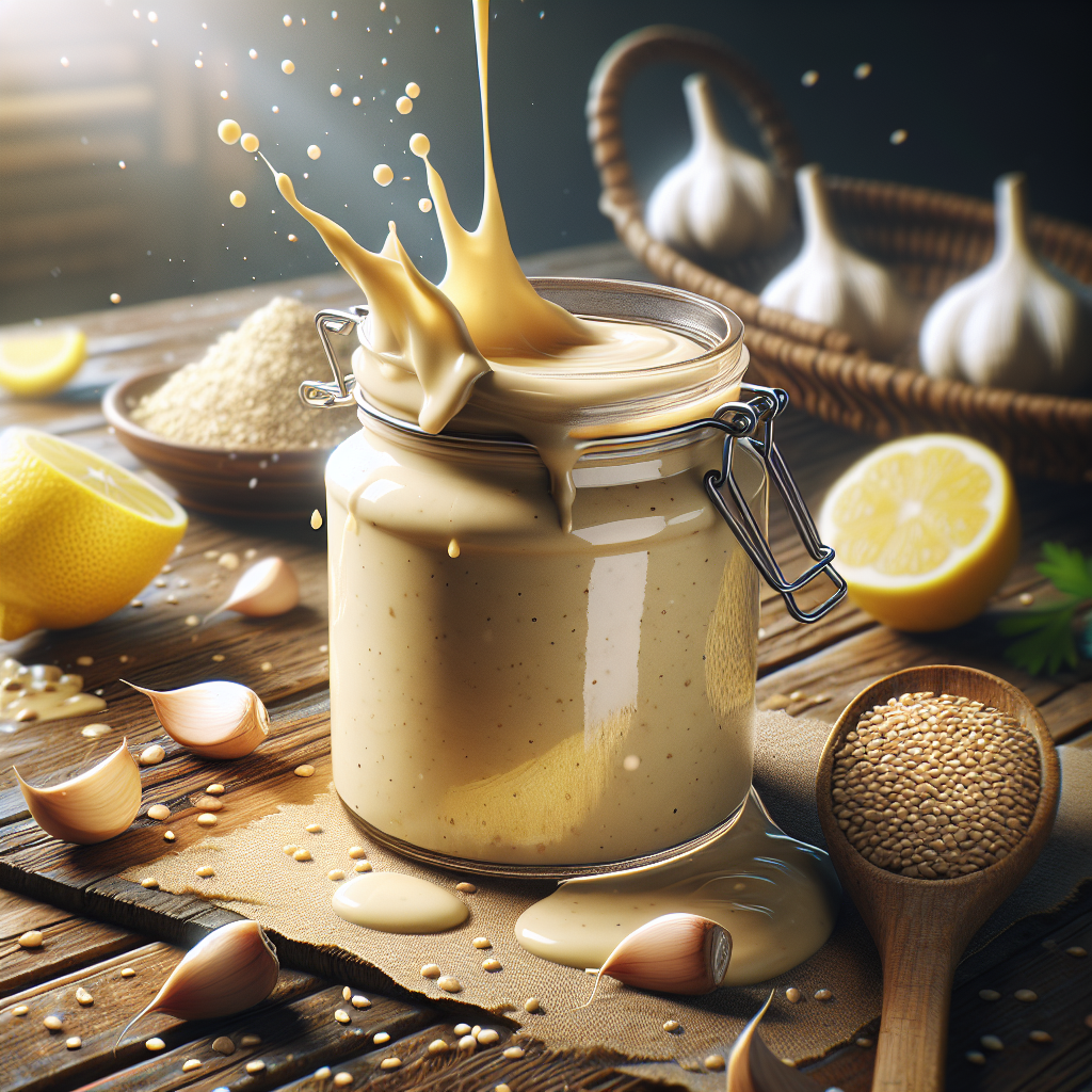 Creamy tahini sauce in a glass jar with sesame seeds, lemon, and garlic on a wooden surface